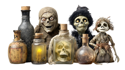 Collection of creepy Halloween decorations with skulls, skeletons, and potion bottles, perfect for spooky holiday displays