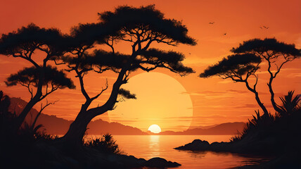 Stunning African savanna sunset with acacia trees silhouetted against a vibrant orange sky over water