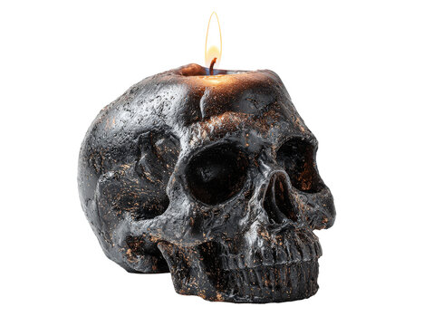 A burning black skull-shaped candle with a rough gilded texture and a bright flame.