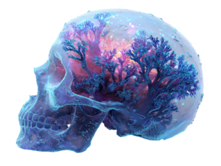 Fantastical translucent skull with a glowing inner forest of blue and purple coral-like trees.