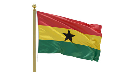 Ghana national flag waving on flagpole isolated on white background, symbol of African country, perfect for cultural and educational projects