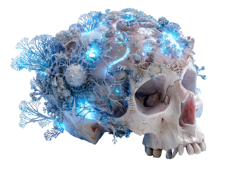 A detailed human skull entwined with a glowing blue network of fantastical tree-like flora.