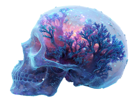 Fantastical translucent skull with a glowing inner forest of blue and purple coral-like trees.
