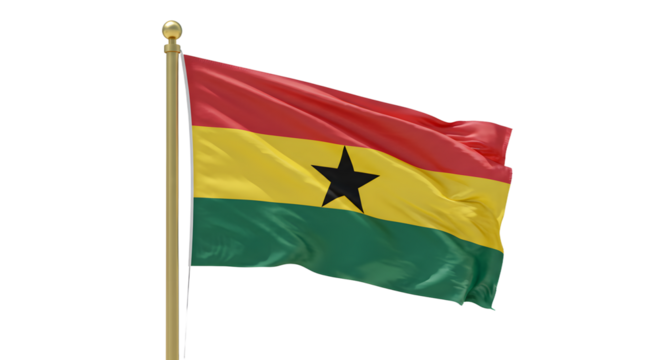 Ghana national flag waving on flagpole isolated on white background, symbol of African country, perfect for cultural and educational projects - Powered by Adobe