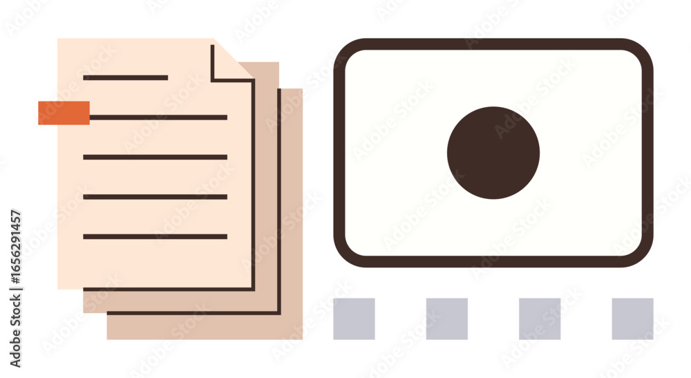 Poster stack of papers with text lines and an orange tab alongside a media player displaying content. ideal