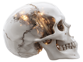 Advanced robotic skull in profile with a transparent cranium revealing glowing internal circuitry and mechanical parts.