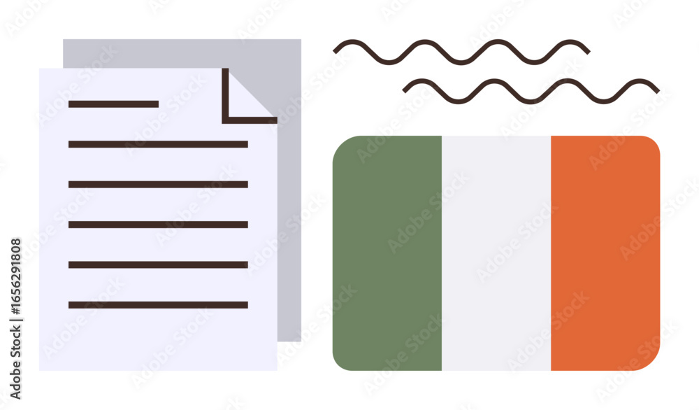 Poster document with text lines next to the irish flag in green, white, and orange. wavy lines above add a 