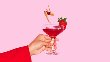 Strawberry cocktail with diver in surreal bright collage composition. Concept of beverage advertising, fruit branding, art projects, tourism lifestyle, and creative campaigns.