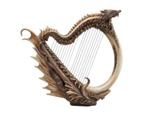 Intricately carved fantasy harp shaped like a dragon with skeletal spine and bone-like textures.