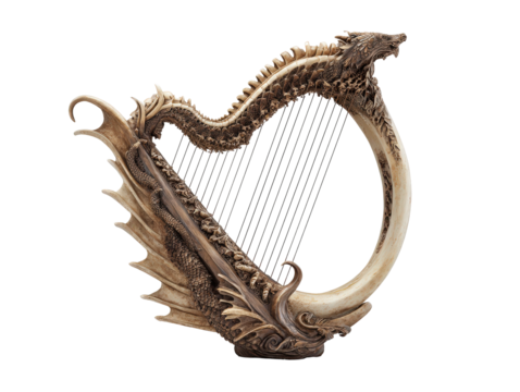 Intricately carved fantasy harp shaped like a dragon with skeletal spine and bone-like textures.