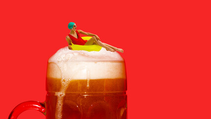 Bold poster. Swimmer on foamy beer mug with surreal summer vibe. Concept of beverage branding, summer festival promotion, creative bar marketing, lifestyle content, and artistic advertising design.