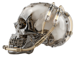 Profile view of a transparent and chrome cybernetic skull with glowing vacuum tubes.