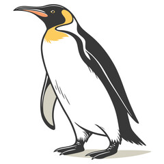 An illustration of a penguin, likely an Emperor or King penguin, standing upright and looking to its left. The penguin has a black back and head, a white belly, and a distinctive patch of yellow.