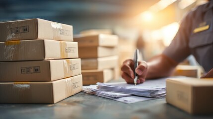 Naklejka na ściany i meble Side view of a customs agent stamping export documents foreground in clear detail while stacks of boxes fade softly in the background.
