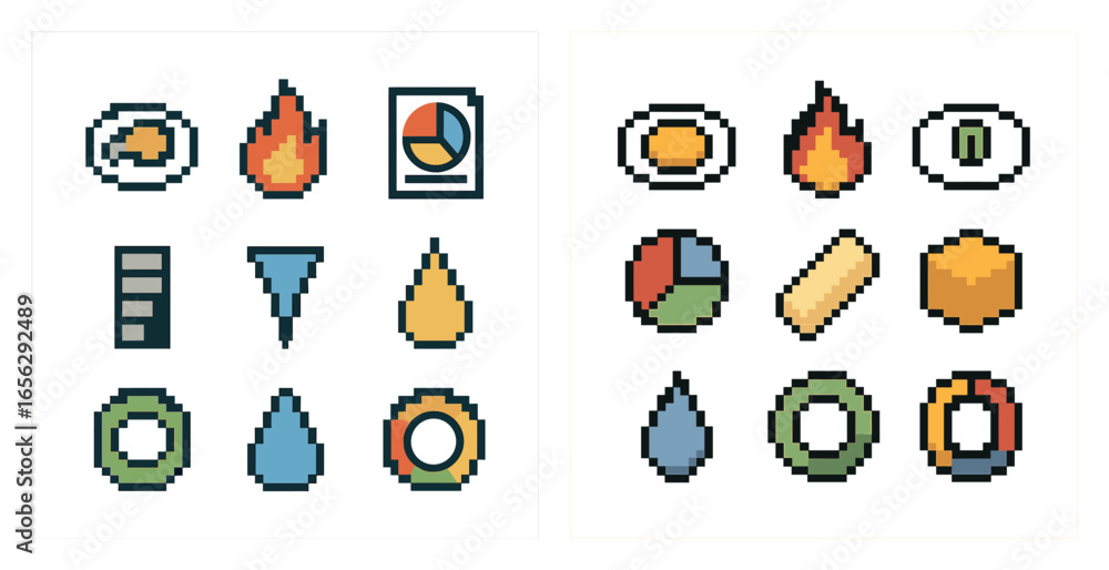 Poster data analysis pixel art icons set – 3d, solid, analytics and reporting symbols