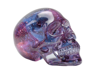 Glossy transparent skull sculpture containing a swirling purple and blue galaxy with stars.