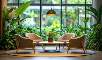 Fototapeta premium Modern, stylish waiting room in a green office, featuring comfortable wooden chairs arranged for job interviews, appointments, or business meetings, surrounded by lush greenery, Generative AI