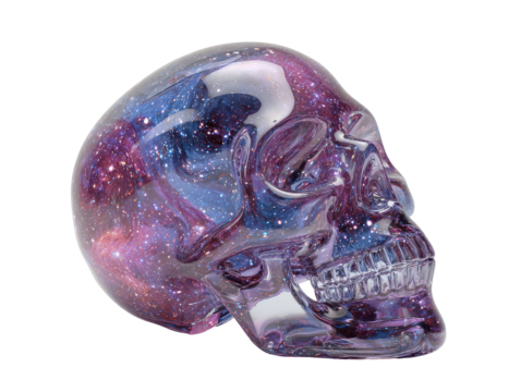 Glossy transparent skull sculpture containing a swirling purple and blue galaxy with stars. - Powered by Adobe