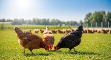 A flock of free-range chickens pecking at the grass on a sunny day. A pastoral scene of organic poultry farming and sustainable agriculture.