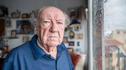Elderly man gazing thoughtfully out of a rain-streaked window, surrounded by personal memorabilia, reflecting on memories and life experiences