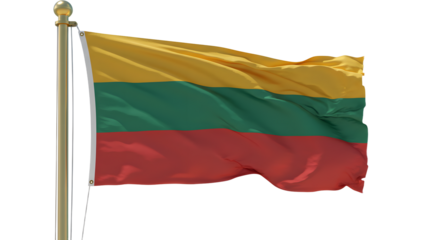 Lithuanian national flag waving on a flagpole against white background, symbol of Lithuania and patriotism