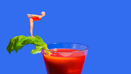Trendy collage. Diver on celery leaf above Bloody Mary cocktail. Concept of food and beverage branding, brunch promotions, creative lifestyle marketing, surreal art, and hotel restaurant advertising.