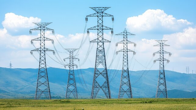 High-voltage power lines stretch across a green landscape against a clear blue sky, symbolizing energy transmission, This image is suitable for articles on electricity, infrastructure