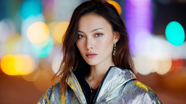 Model presents a sleek, holographic jacket that captures the cosmic vibe against a lively nighttime backdrop