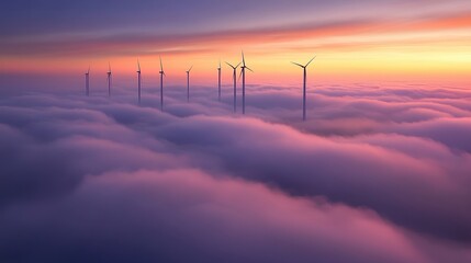 A breathtaking view of wind turbines emerging from colorful clouds at sunset, symbolizing renewable energy and environmental awareness, great for ecological, energy, and sustainability projects,