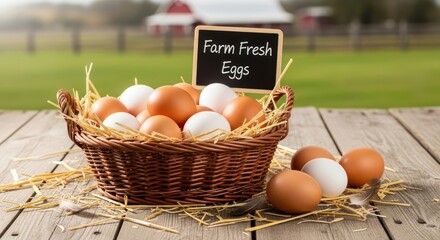 Farm fresh brown and white eggs in a rustic wicker basket on a wooden table with a rural farm scene in the background.