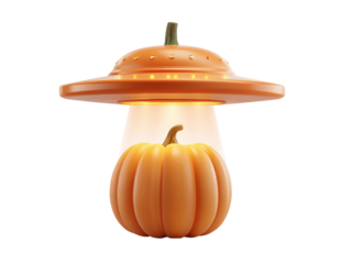 A whimsical orange pumpkin-shaped UFO with a stem abducting a gourd with a glowing tractor beam.