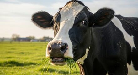 Curious black and white dairy cow looking at the camera while eating fresh green grass in a sunny pasture