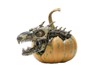 A mechanical dinosaur head with sharp teeth and horns emerging from a cracked orange pumpkin.