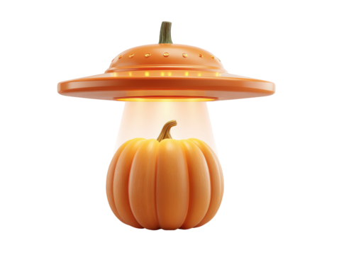 A whimsical orange pumpkin-shaped UFO with a stem abducting a gourd with a glowing tractor beam.
