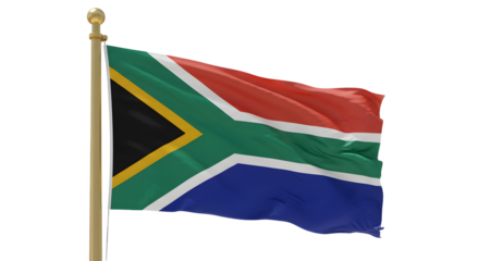 South African flag waving on a gold flagpole against a white background, symbol of national pride and identity