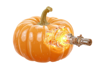 Futuristic cybernetic pumpkin with a glowing transparent mechanical core implant showing its inner workings.