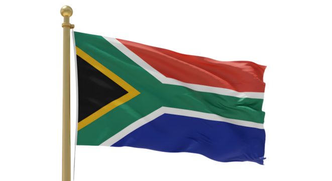 South African flag waving on a gold flagpole against a white background, symbol of national pride and identity