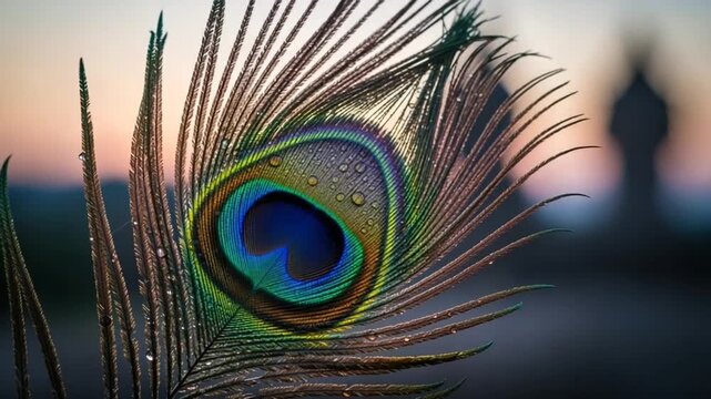 Detailed Peacock Feather with Dew Drops in Golden Hour Light with Soft Focus Silhouette Background