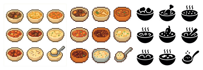 Food and cooking pixel art icons set – filled, kitchen and culinary symbols