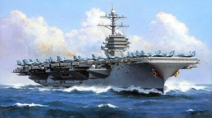 A massive aircraft carrier cuts through the ocean waves under a bright blue sky, showcasing rows of fighter jets on its deck, Ideal for illustrating maritime strength, naval power
