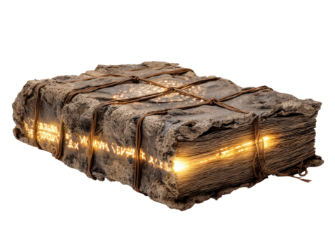 Ancient magical grimoire with a rough stone cover bound by rope and glowing with runic light.