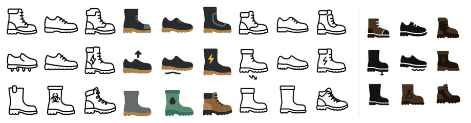 Footwear silhouette icons set – boots, shoes, outline style designs