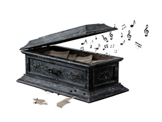 A distressed dark blue ornate coffin open and filled with sheet music releasing a flurry of musical notes.
