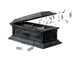 A distressed dark blue ornate coffin open and filled with sheet music releasing a flurry of musical notes.