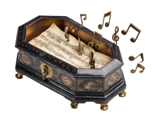 Vintage black coffin-shaped music box with gilded details and bronze musical notes emerging.