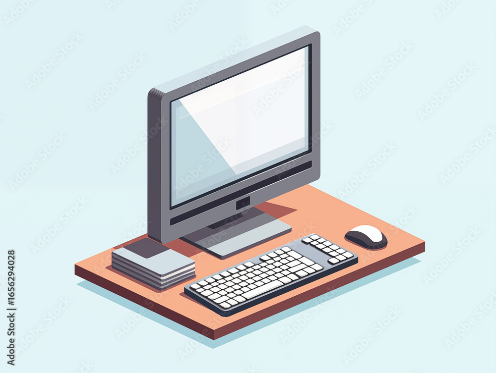 Poster modern isometric computer setup on desk with keyboard, mouse, and stack of books for business or stu