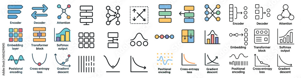 Poster tech and data linear icons set – outline, flat, analytics and network symbols