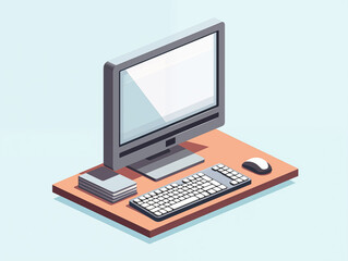Fototapeta premium Modern isometric computer setup on desk with keyboard, mouse, and stack of books for business or study