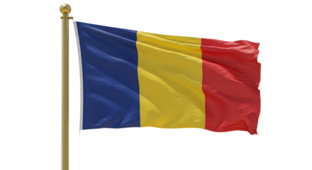 Waving flag of Chad with blue, yellow, and red vertical stripes on golden pole, isolated on white background, perfect for national and cultural projects