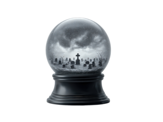 Gothic snow globe with a spooky black and white cemetery scene and falling snow.